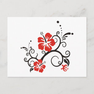 Hibiscus decor in zwart-wit en rood briefkaart