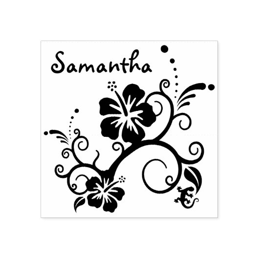 Hibiscus Decor met Gecko + uw achtergrond Rubberstempel (Afrduk)