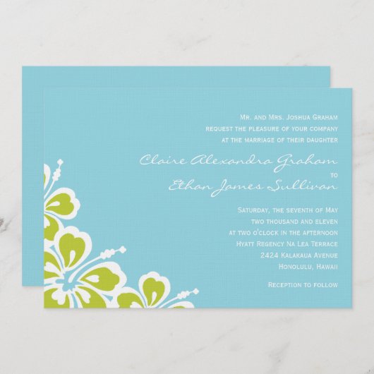Hibiscus Delight Wedding Invitation - Sky Blue Kaart (Voorkant / Achterkant)