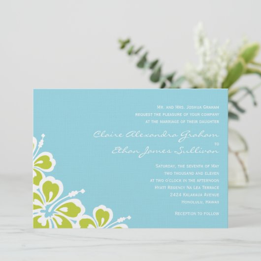 Hibiscus Delight Wedding Invitation - Sky Blue Kaart (Staand voorkant)