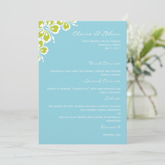 Hibiscus Delight Wedding Menu Card - Sky Blue (Staand voorkant)