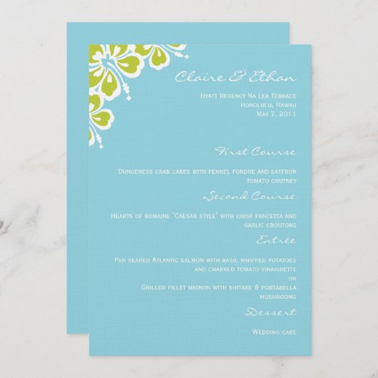 Hibiscus Delight Wedding Menu Card - Sky Blue (Voorkant / Achterkant)