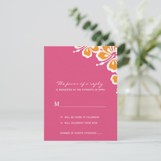 Hibiscus Delight Wedding RSVP Card - Azalea - (Staand voorkant)