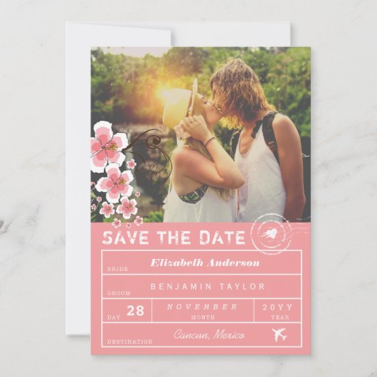 Hibiscus Destination Wedding Bagagelabel Foto Save The Date (Voorkant)
