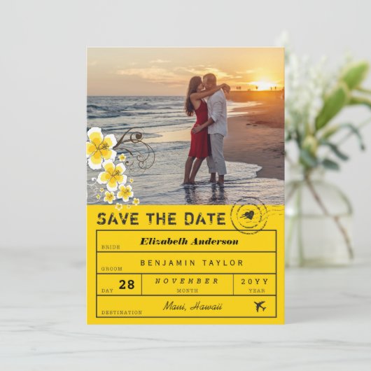 Hibiscus Destination Wedding Bagagelabel Foto Save The Date (Staand voorkant)