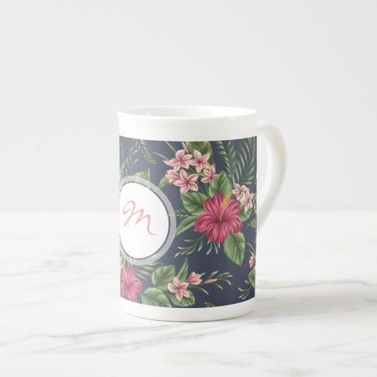  Hibiscus donker patroon Monogram bot Mok (Voorkant rechts)