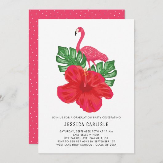 Hibiscus en Flamingo Graduation Party Invitation Kaart (Voorkant / Achterkant)