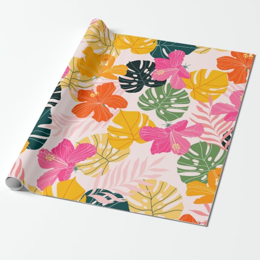 Hibiscus en monstera verlaat tropisch patroon desi cadeaupapier (Uitgerold)