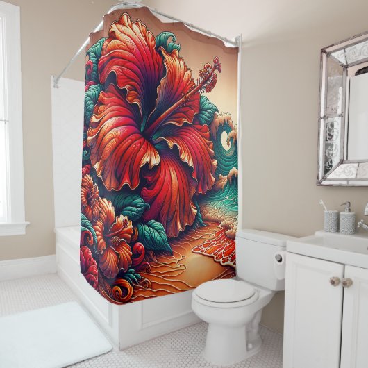 Hibiscus en oceaangolven - Levendige bloemenkunst Douchegordijn (In situ)