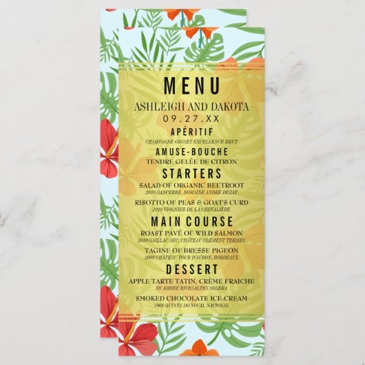 Hibiscus en palmbladeren Bruiloft Menu (Voorkant / Achterkant)
