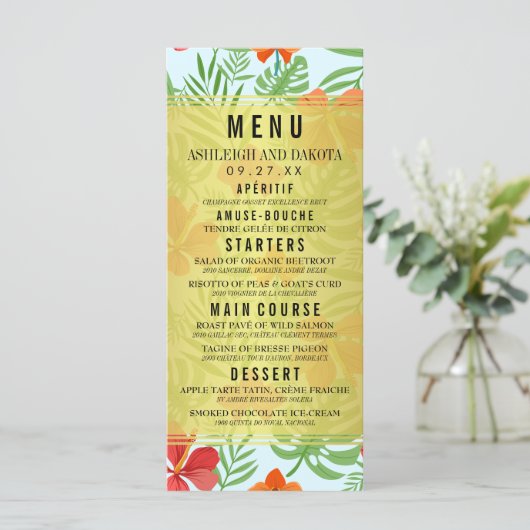 Hibiscus en palmbladeren Bruiloft Menu (Staand voorkant)