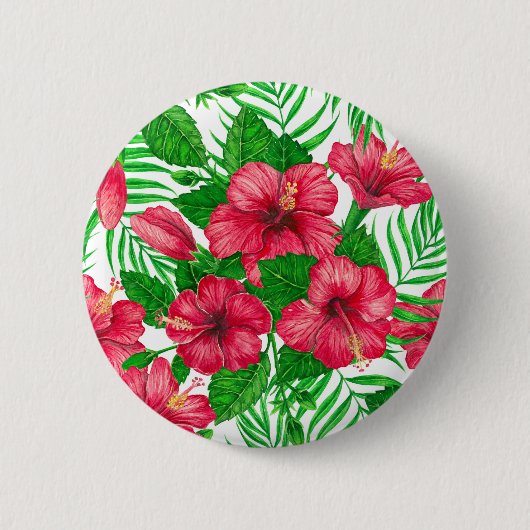Hibiscus en palmbladeren ronde button 5,7 cm (Voorkant)