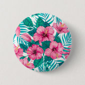 Hibiscus en palmbladeren ronde button 5,7 cm (Voorkant)
