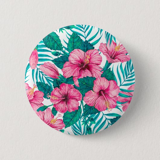 Hibiscus en palmbladeren ronde button 5,7 cm (Voorkant)