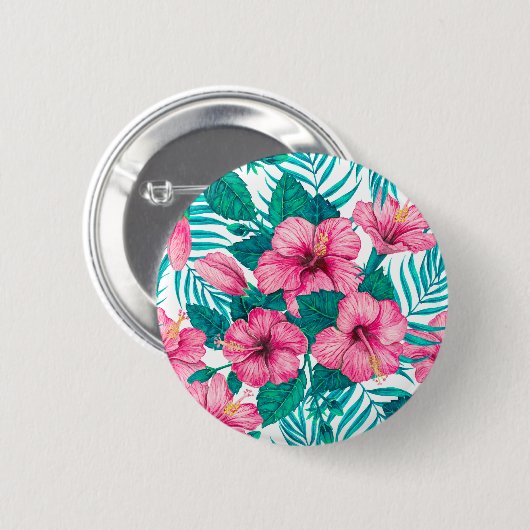 Hibiscus en palmbladeren ronde button 5,7 cm (Voorkant /achterkant)