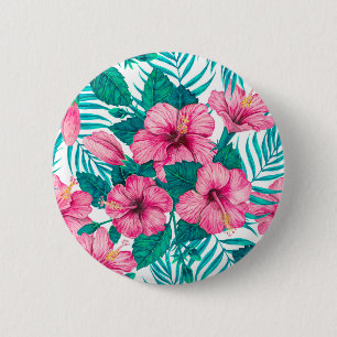 Hibiscus en palmbladeren ronde button 5,7 cm