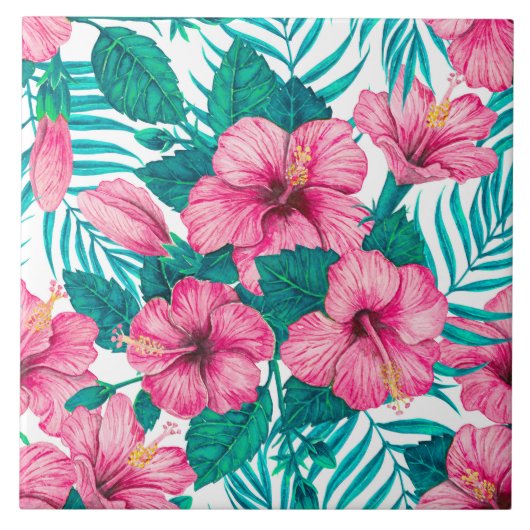 Hibiscus en palmbladeren tegeltje (Voorkant)