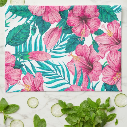 Hibiscus en palmbladeren theedoek (Gevouwen)