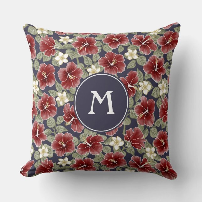 Hibiscus en Plumeria - Maroon Kussen (Voorkant)
