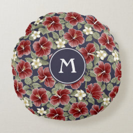 Hibiscus en Plumeria - Maroon Rond Kussen