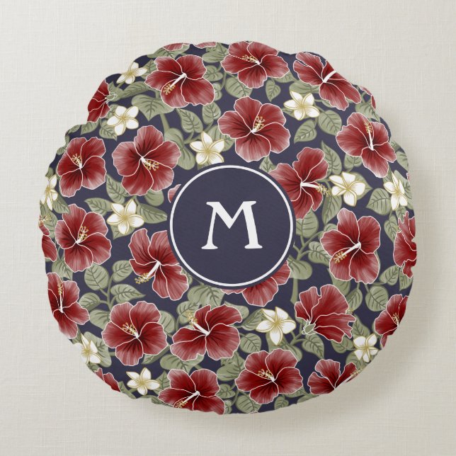 Hibiscus en Plumeria - Maroon Rond Kussen (Voorkant)