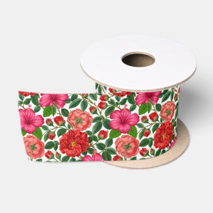 Hibiscus en Roos Botanisch Patroon Satijnen Lint