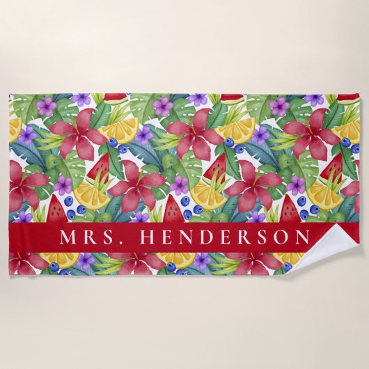 Hibiscus en Tropische bladeren Persoonlijke naam Strandlaken (Voorkant)