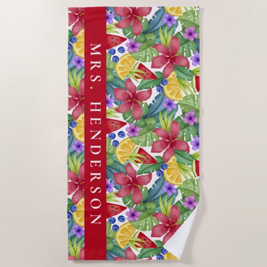 Hibiscus en Tropische bladeren Persoonlijke naam Strandlaken (Voorkant)