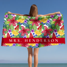 Hibiscus en Tropische bladeren Persoonlijke naam Strandlaken