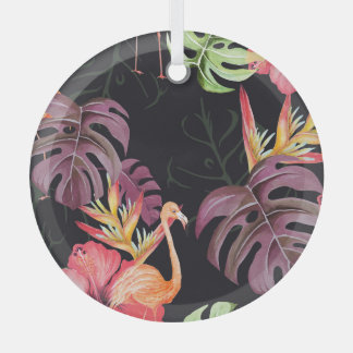 Hibiscus, flamingo's, Waterverf tropisch patroon. Glas Ornament