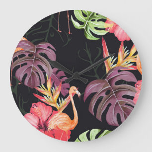 Hibiscus, flamingo's, Waterverf tropisch patroon. Grote Klok