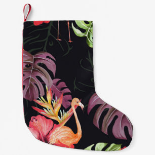 Hibiscus, flamingo's, Waterverf tropisch patroon. Kleine Kerstsok