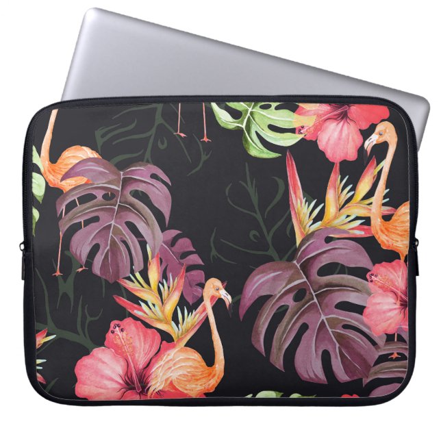 Hibiscus, flamingo's, Waterverf tropisch patroon. Laptop Sleeve (Voorkant)