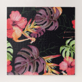 Hibiscus, flamingo's, Waterverf tropisch patroon. Legpuzzel (Horizontaal)