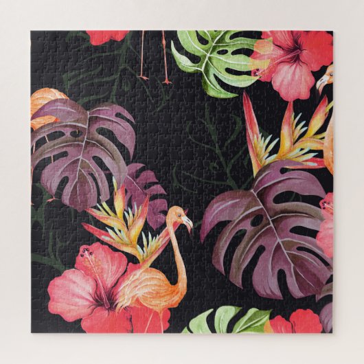 Hibiscus, flamingo's, Waterverf tropisch patroon. Legpuzzel (Verticaal)