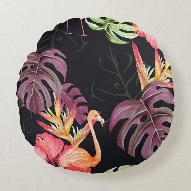 Hibiscus, flamingo's, Waterverf tropisch patroon. Rond Kussen (Voorkant)