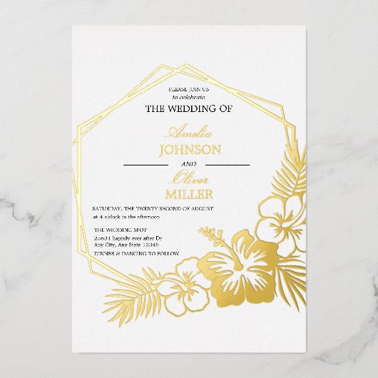Hibiscus Floral Hexagon Lijst Weddenschap Gold Folie Uitnodiging (Voorkant)