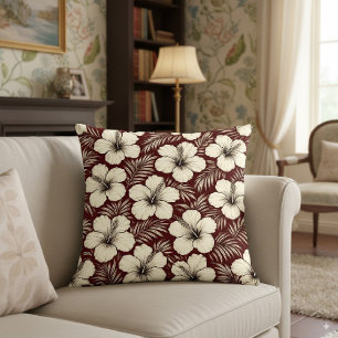 Hibiscus Floral Naadloos Patroon in Maroon Kussen