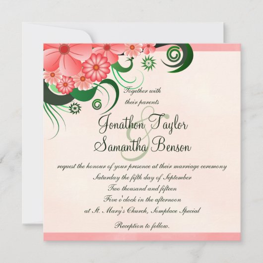 Hibiscus Floral Pink 5.25" Vierkante bruiloft uitn Kaart (Voorkant)