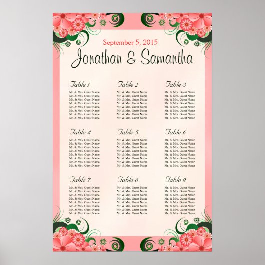 Hibiscus Floral Pink 9 Table Wedding Seding Chart Poster (Voorkant)