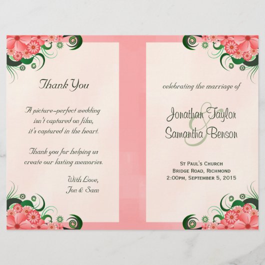 Hibiscus Floral Pink Wedding Programme Sjablonen (Voorkant)