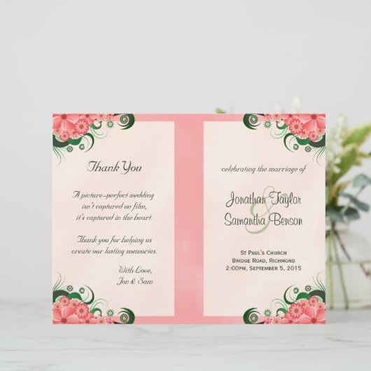 Hibiscus Floral Pink Wedding Programme Sjablonen (Staand voorkant)
