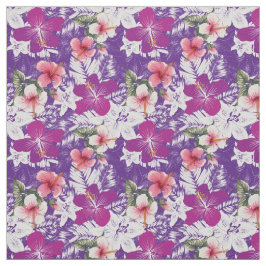 Hibiscus floral print paars roze wit en groen stof