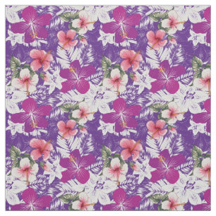 Hibiscus floral print paars roze wit en groen stof