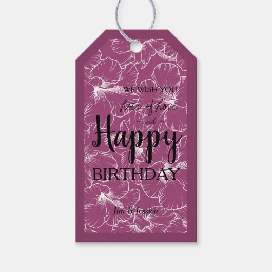 Hibiscus Floral Sketch Raspberry Cadeaulabel (Voorkant)