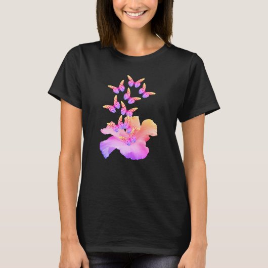 Hibiscus flower and Colorful Butterflies Abstract T-shirt (Voorkant)