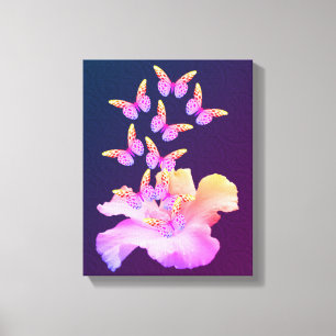Hibiscus flower and Colorful Butterflies on Black Canvas Afdruk