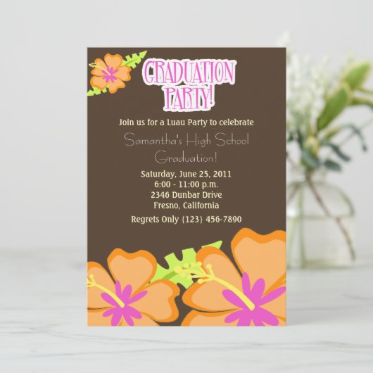 Hibiscus Flower Graduation Party Invitation Mocha Kaart (Staand voorkant)