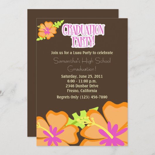 Hibiscus Flower Graduation Party Invitation Mocha Kaart (Voorkant / Achterkant)