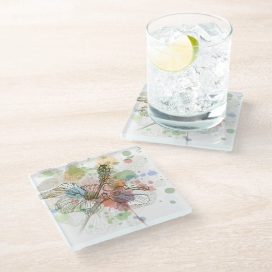 Hibiscus flower & waterverf achtergrond glazen onderzetter (Schuin)